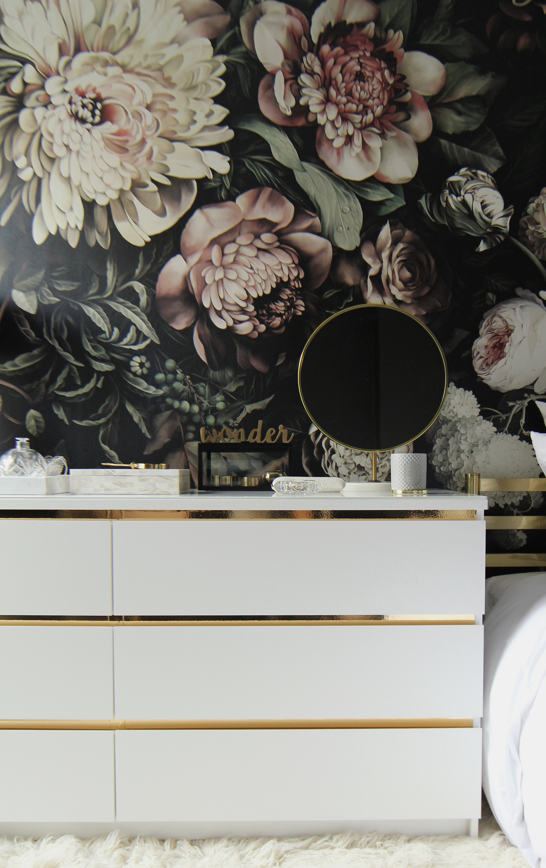 Preciously Me blog : DIY - Ikea Hack, Customize and Glamorize a Malm dresser with gold contact paper. Looks like a beautiful vintage style credenza