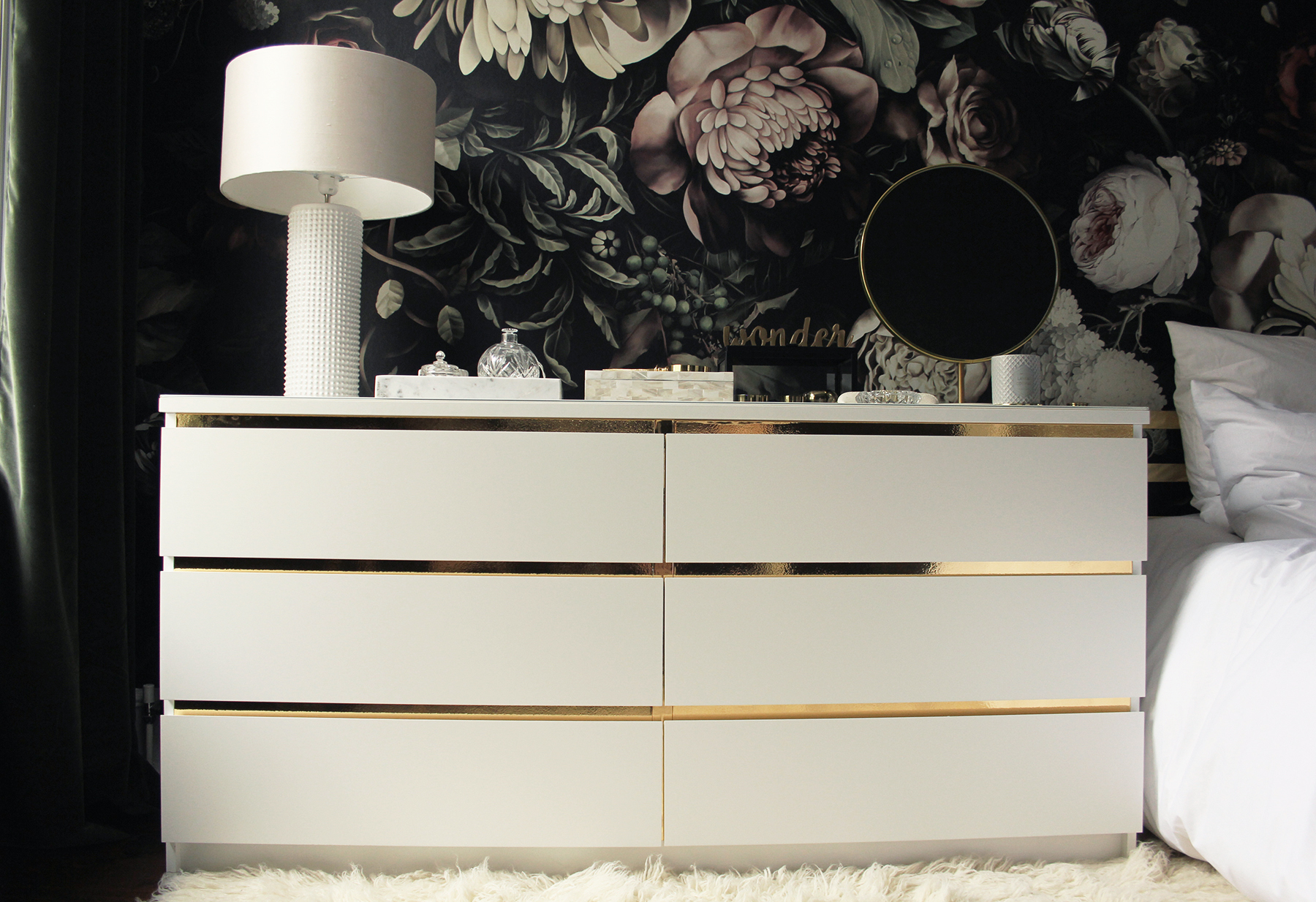 Preciously Me blog : DIY - Ikea Hack, Customize and Glamorize a Malm dresser with gold contact paper