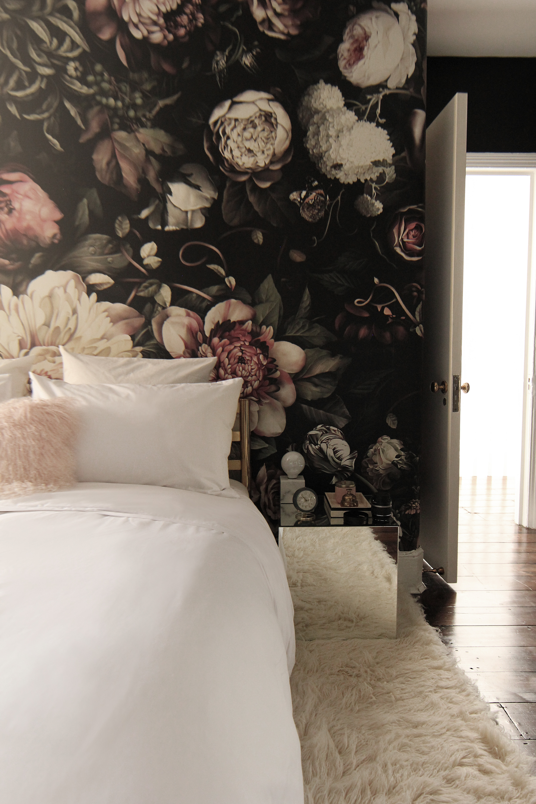Preciously Me blog : One Room Challenge - Bedroom makeover reveal. Ellie Cashman Dark Floral wallpaper