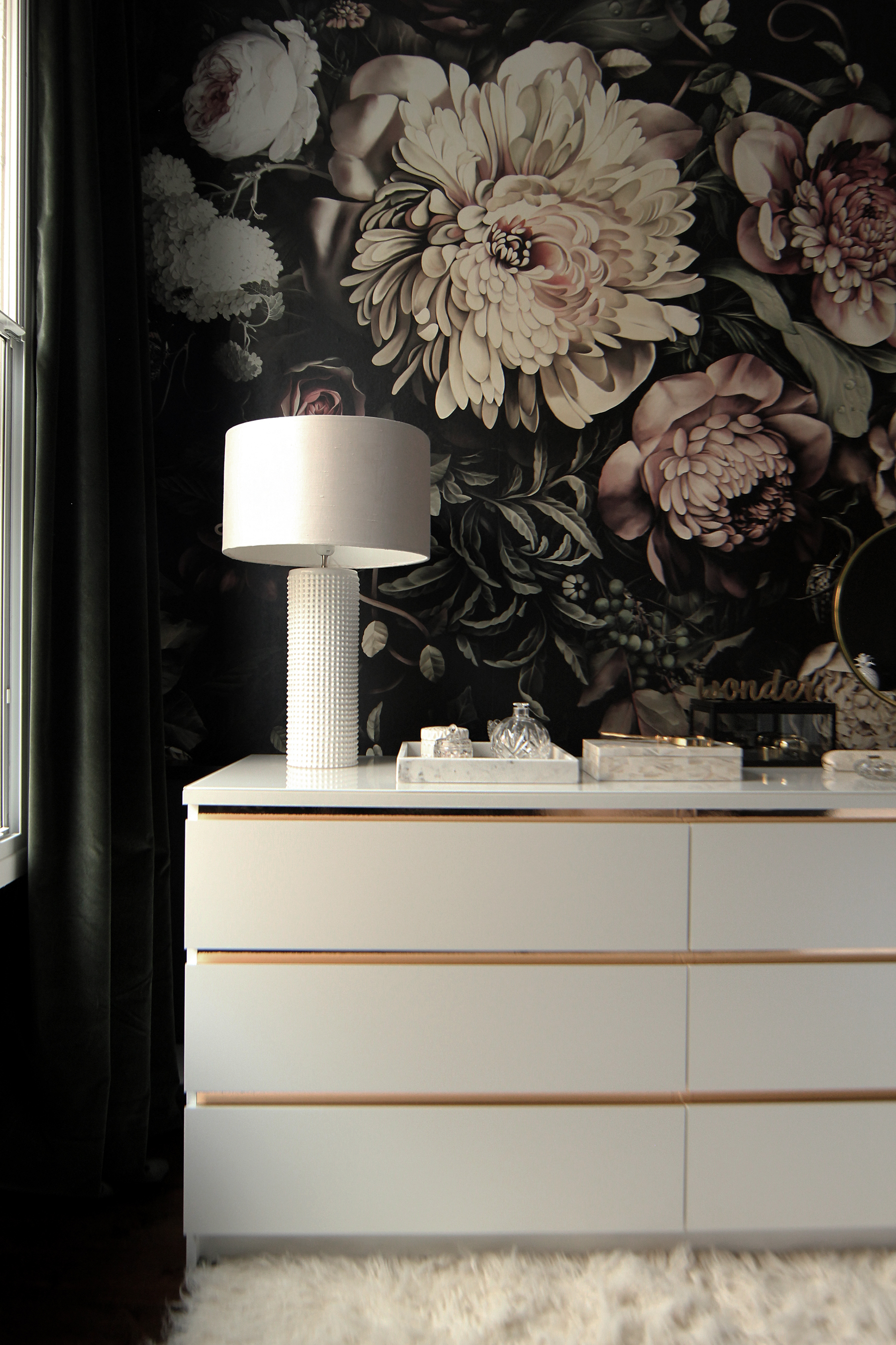 Preciously Me blog : One Room Challenge - Bedroom makeover reveal. Ellie Cashman Dark Floral wallpaper