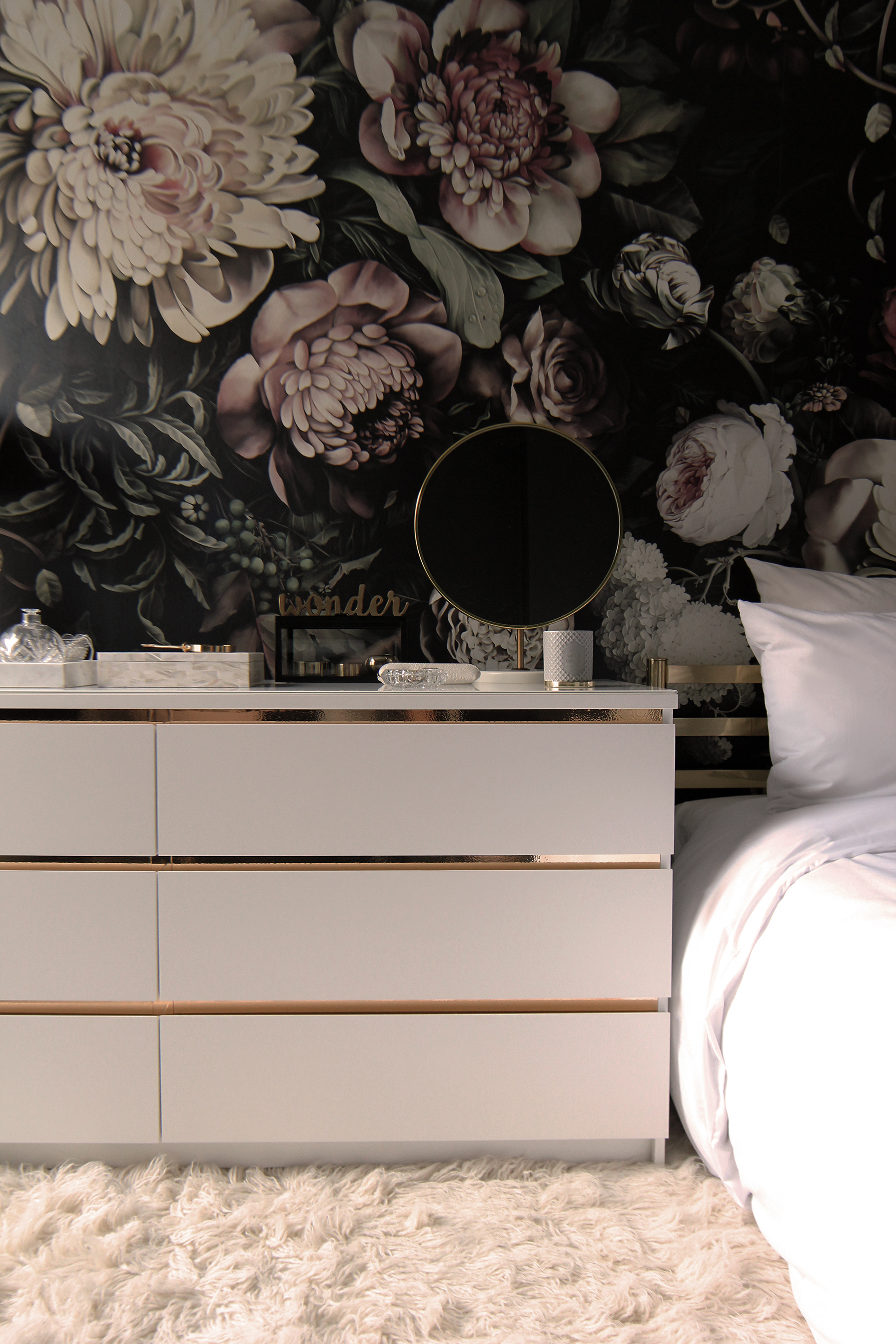 Preciously Me blog : One Room Challenge - Bedroom makeover reveal. Ellie Cashman Dark Floral wallpaper