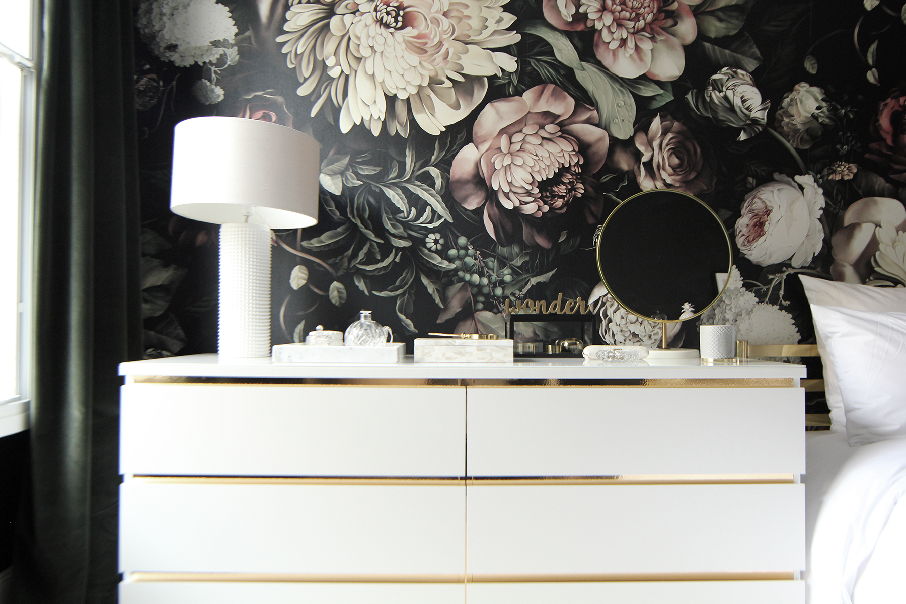 Preciously Me blog : One Room Challenge - Bedroom makeover reveal. Ellie Cashman Dark Floral wallpaper